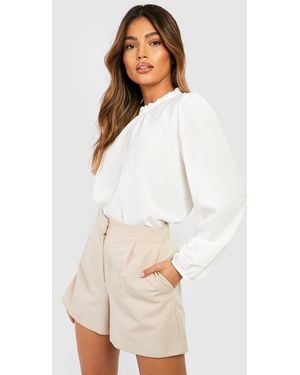 Boohoo Frill Neck Long Sleeve Woven Blouse - White