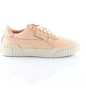 PUMA Cali Emboss Cream Tan Leather Low Lace Up Trainers 369734 01 - Pink