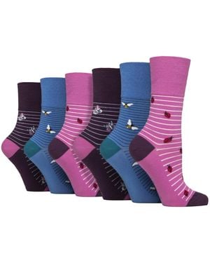 Gentle Grip 6 Pairs Ladies Non Elastic Cotton Rich Wildlife Dogs Cats Patterned Socks - Purple