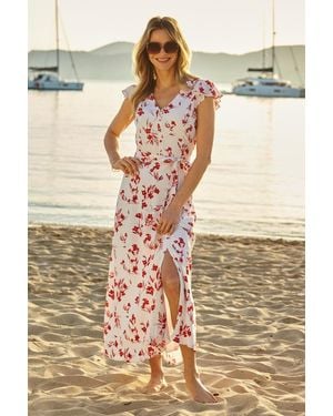 Sosandar Ivory & Floral Print Ruffle Shoulder Maxi Dress - White