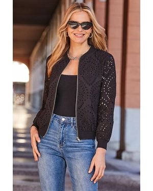 Sosandar Broderie Detail Bomber Jacket - Blue