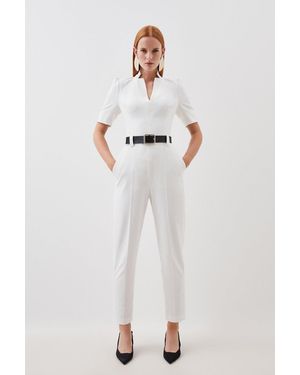Karen Millen Structured Crepe Forever Belted Jumpsuit - White