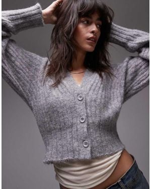TOPSHOP Knitted Ovoid Sleeve V-Neck Cardigan - Grey