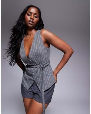 In The Style X Natalya Wright Exclusive Tailored Pinstripe Tie Waist Waistcoat - Grey