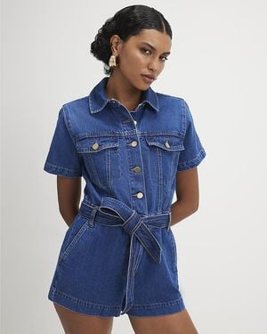 River Island Playsuit Denim Short Sleeve Collared Button Cotton - Blue