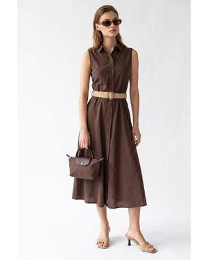MixRay Belted Cotton Poplin Midi Shirt Dress - Brown