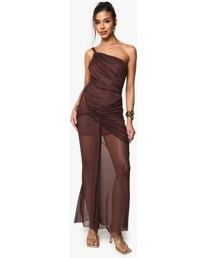 Boohoo Mesh One Shoulder Ruched Maxi Dress - Brown
