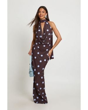 Boohoo Tonal Polka Dot Print Scarf Detail Maxi Dress - Blue