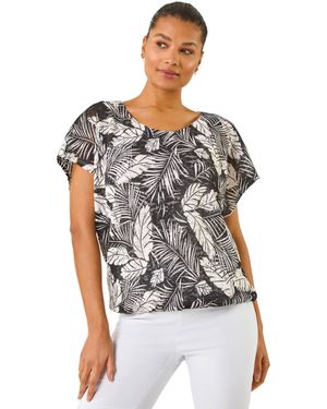 Roman Leaf Print Lace Bubble Hem Top - Grey