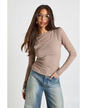 Boohoo Double Layer Sheer Rib Racer Long Sleeve Top - Blue