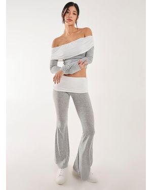 Pink Vanilla Fold Over Two Tone Flared Leggings - White