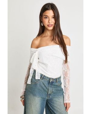 Boohoo Lace Bow Detail Bardot Bodysuit - White