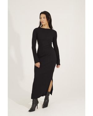 Brave Soul Ribbed Long Sleeve Maxi Dress With Slit - Black