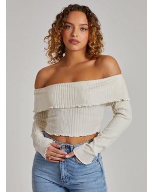 Pink Vanilla Wide Brushed Ribbed Bardot Top - Grey