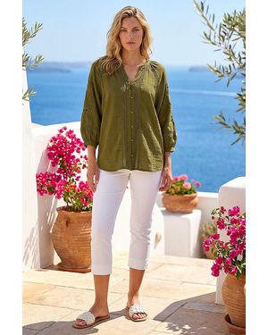 Roman Embroidered Cotton Sleeve Blouse - Green