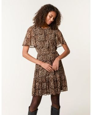 Blue Vanilla Leopard Print Mesh Crew Neck Mini Dress - Brown