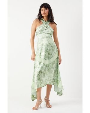 Warehouse Snake Print Satin Cross Front Chiffon Insert Hanky Hem Midi Dress - Green