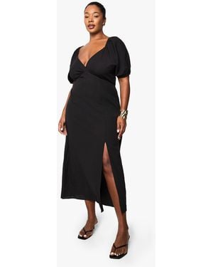 Boohoo Plus Linen Look Tie Back Puff Sleeve Midaxi Dress - Black
