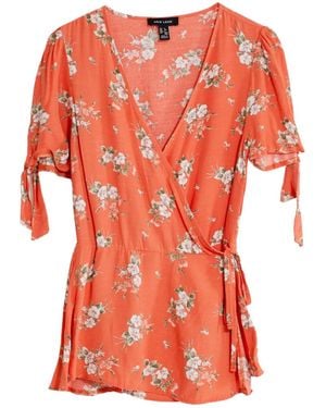 New Look Tie Sleeve Floral Wrap Blouse - Orange