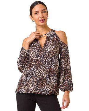Roman Animal Print Cold Shoulder Stretch Top - Natural
