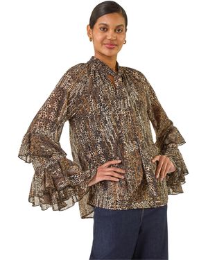 Roman Animal Print Tie Front Flared Top - Brown