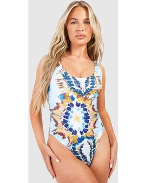Boohoo Tie Dye Scoop Swimsuit - Blue