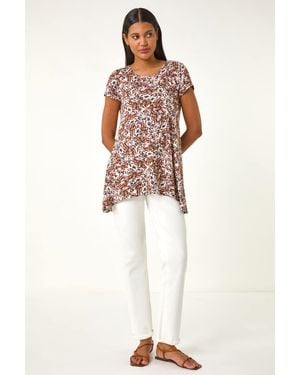 Roman Animal Print Hanky Hem Stretch Top - White