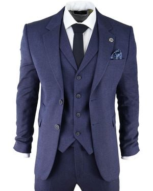 TruClothing 3 Piece Tweed Herringbone Suit Peaky Blinders Classic Tailored Canvas - Blue