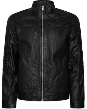 Barneys Originals Real Leather Funnel Neck Biker Jacket - Black