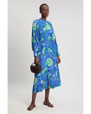 Karen Millen Viscose Woven Cobalt Floral Midi Shirt Dress - Blue
