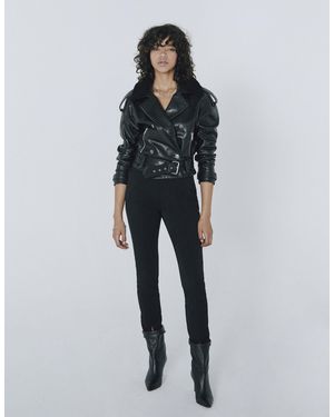 IKKS Bi-Material Short Belted Leather Jacket - Black