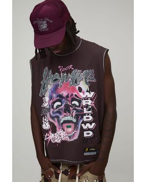 BoohooMAN Oversized Heavyweight Homme Rhinestone Graphic Washed Tank - Brown