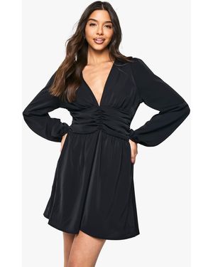 Boohoo Plunge Ruched Waist Mini Dress - Black