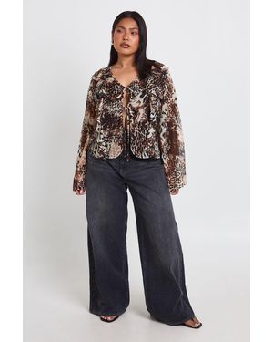 Boohoo Plus Mixed Animal Chiffon Ruffle Tie Front Blouse - Blue