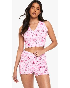 Boohoo Floral Print Lace Trim Vest & Shorts Pyjama Set - Red
