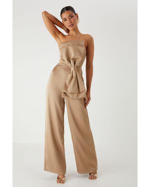 MissPap Satin Bow Wide Leg Bandeau Jumpsuit - Natural