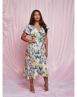 Chi Chi London V Neck Floral Wrap Midi Dress - Pink