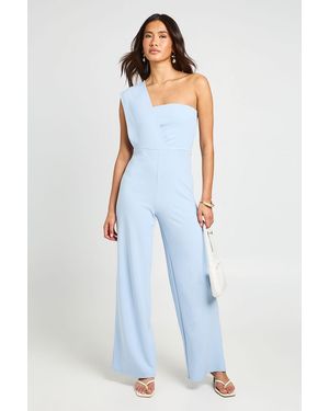 Boohoo One Shoulder Drape Detail Straight Leg Jumpsuit - Blue