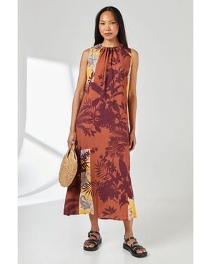 PRINCIPLES Tie Back Palm Print Volume Midi Dress Viscose - Red