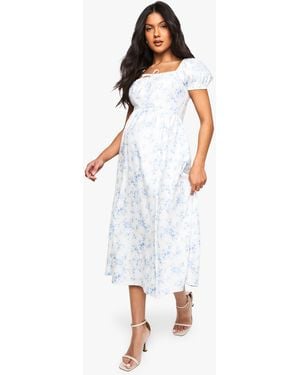 Boohoo Maternity Bengaline Puff Sleeve Porcelain Print Milkmaid Midi Dress - White