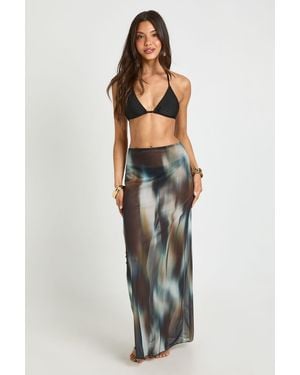 Boohoo Abstract Print Sheer Mesh Maxi Beach Skirt - Black