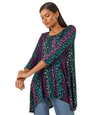 Roman Animal Print Hanky Hem Stretch Top - Blue