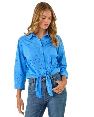 Roman Broderie Tie Front Shirt - Blue