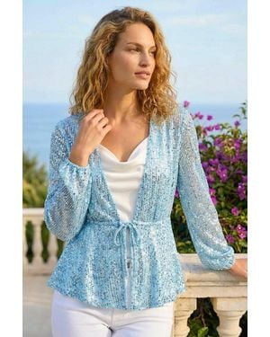 Roman Sequin Tie Front Stretch Top - Blue