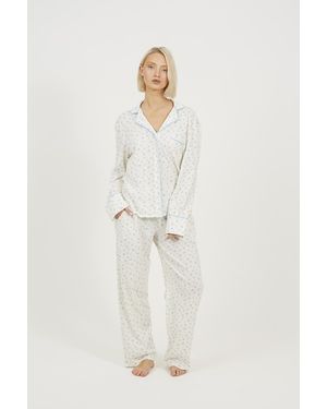 Brave Soul Printed Long Sleeve Button Down Pyjama Set - Natural