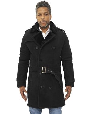 Infinity Leather Shearling Sheepskin Suede Pea Coat-Cali - Black