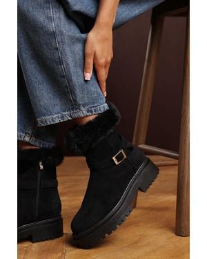Where's That From Wheres 'Rayne' Suede Low Heel Ankle Boots With Faux Fur Cuff And Buckle Detail - Blue