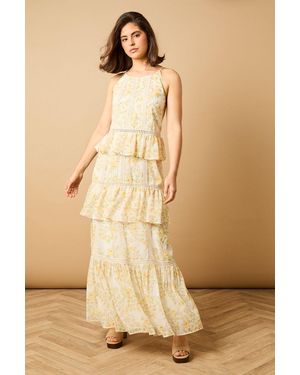 Oasis Printed Lace Detail Halterneck Tiered Midaxi Dress - Natural