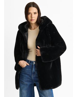 Gini London Hooded Faux Fur Jacket - Black