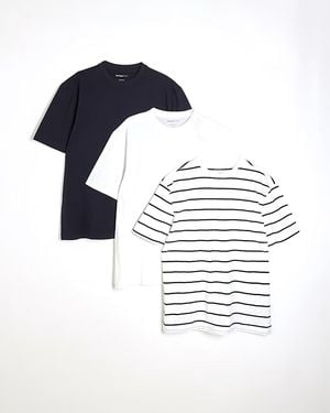 River Island T-Shirt 3 Pack Mixed Colours Short Sleeve Slim Fit - Blue